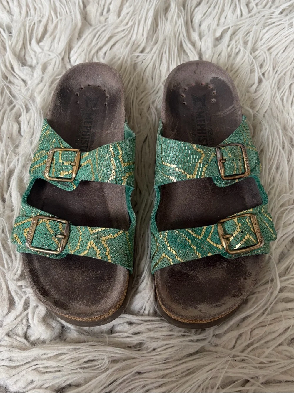 Mephisto Harmony Slip On Dual Buckle Strap Mint Nairobi Gold Slide Sandals Sz 37